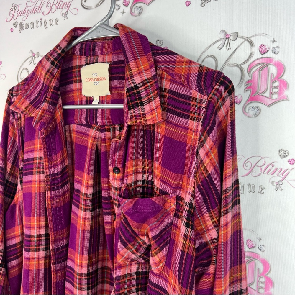 Casa cabana button up plaid picnic red pink Purple Plaid Button-Up Shirt - Picture 4 of 8